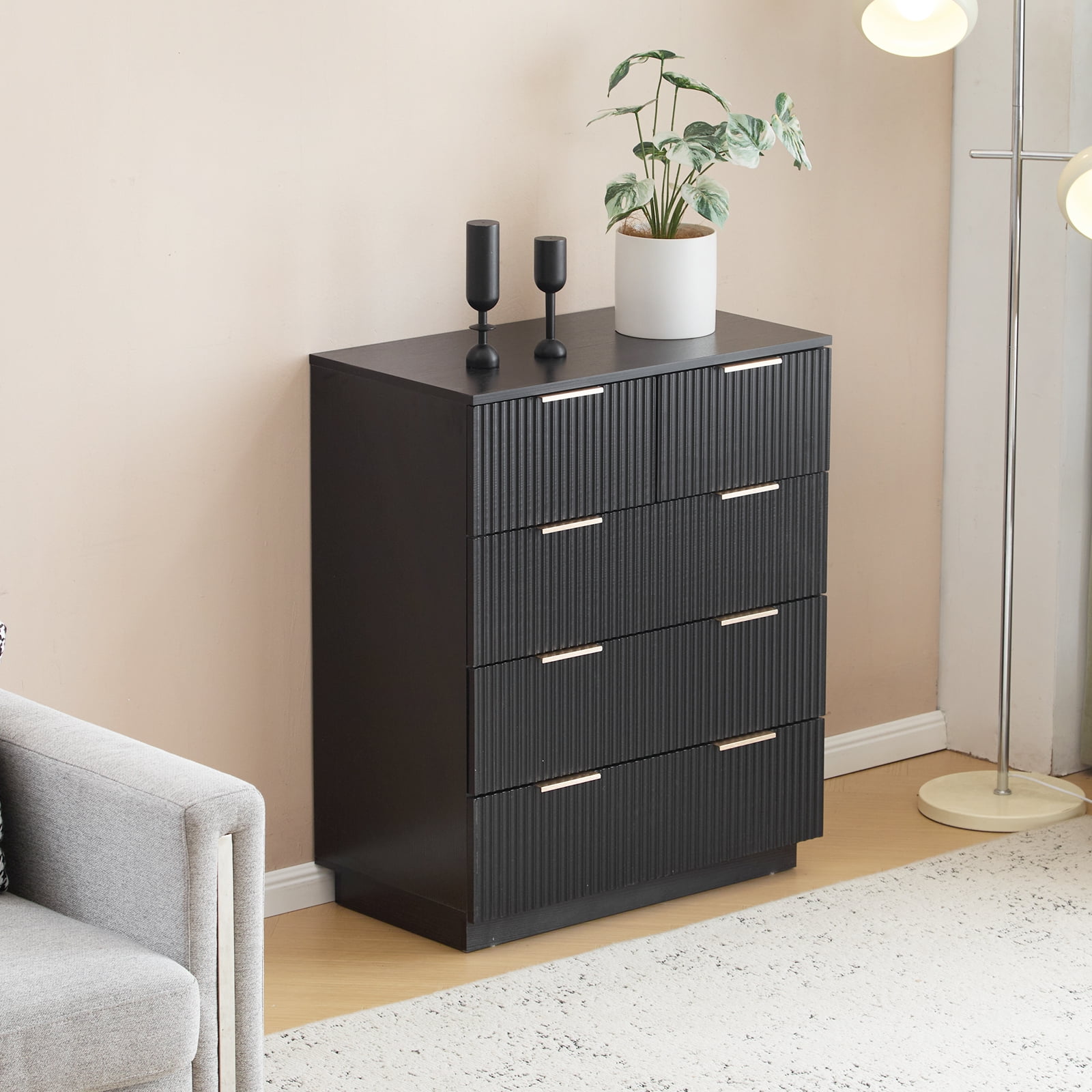 UBesGoo Fluted 5 Drawer Dresser for Bedroom Wood Storage Dresser Modern Closet Dressers Chest of Drawers Organizer for Bedroom Living Room, Black