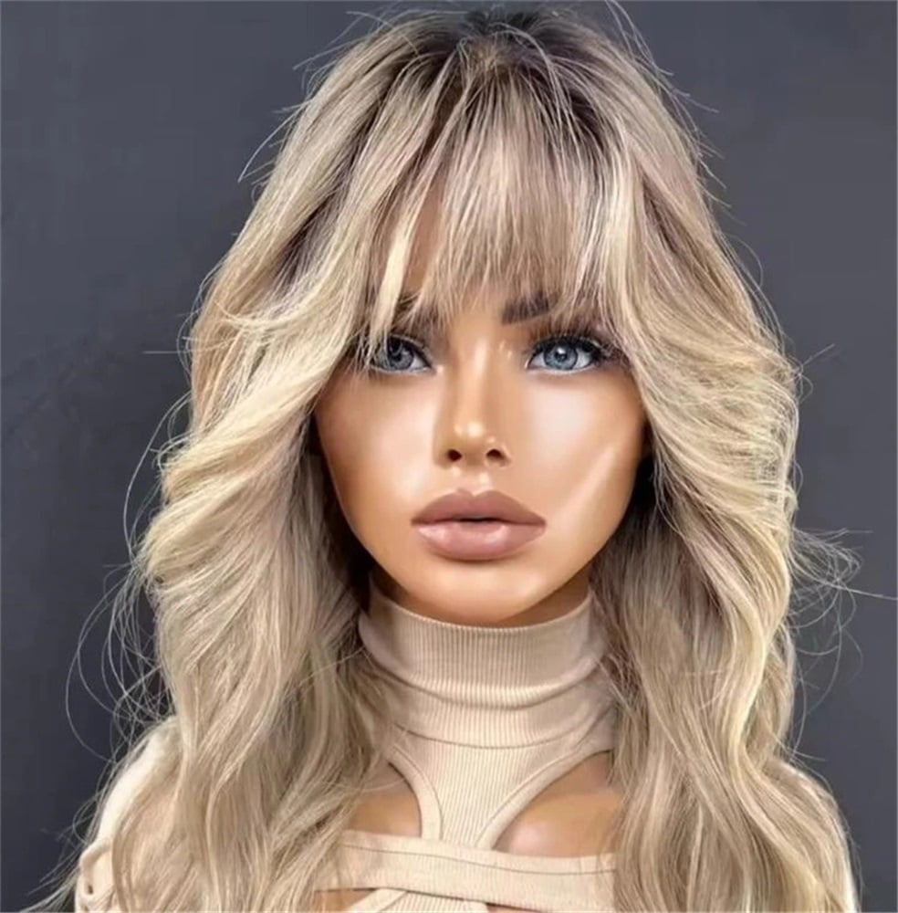 Lace Part Wigs for Women Ombre Ash Honey Blonde Colored Glueless Wigs with Bangs Wig Synthetic