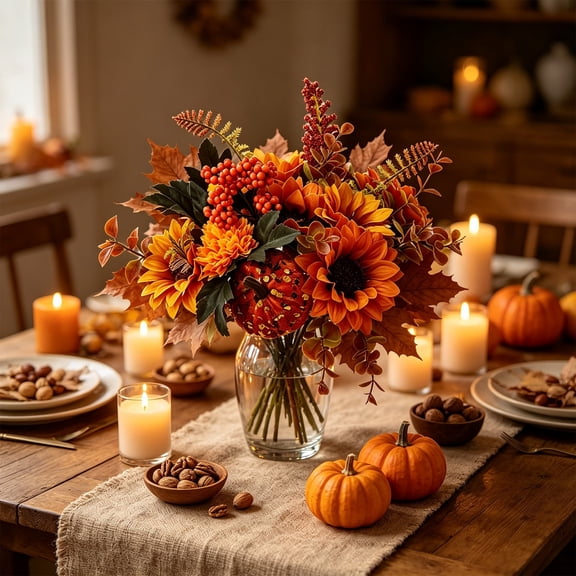 SLYNSHome Artificial Fall Pumpkin Floral Bouquet,Multicolor Faux Sunflower Maple Berry Flower Stems, Harvest Tabletop Arrangement For Thanksgiving Indoor Home Mantel Decor