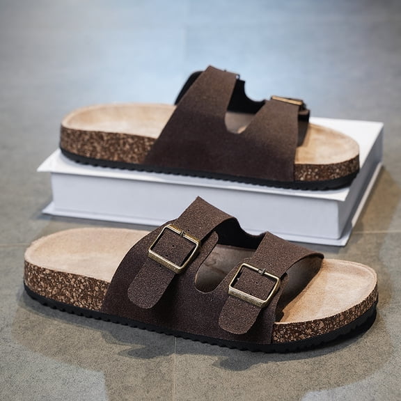 Black Double Adjustable Buckle Cork Footbed Slide Sandals