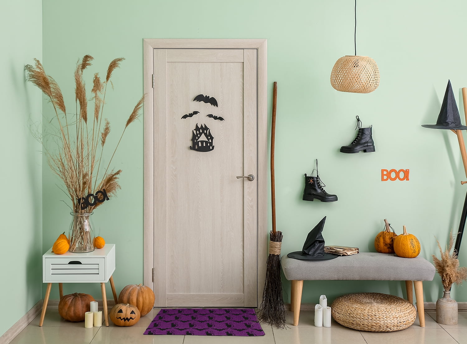 Simply Daisy Cats and Bats Amethyst Halloween Chenille Area Rug, 18" x 30"