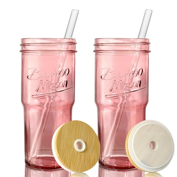 Juego de vasos de vidrio ANOTION, vaso rosa de 700 ml con tapa y pajita, 2 unidades