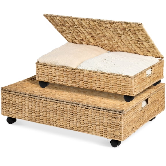 Best Choice Products 2PC Water Hyacinth Nesting Underbed Storage Baskets with Wheels - Natural