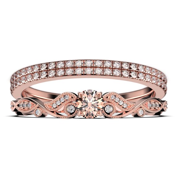 Vintage Look Boho & hippie 1.75 Carat Round Cut Morganite And Diamond Moissanite Engagement Ring, Wedding Ring in 925 Sterling Silver With 18k Rose Gold Plating, Promise, Trio Set, Matching Band