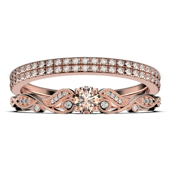 Vintage Look Boho & hippie 1.75 Carat Round Cut Morganite And Diamond Moissanite Engagement Ring, Wedding Ring in 10k Solid Rose Gold, Promise Ring, Anniversary Ring, Trio Set, Matching Band