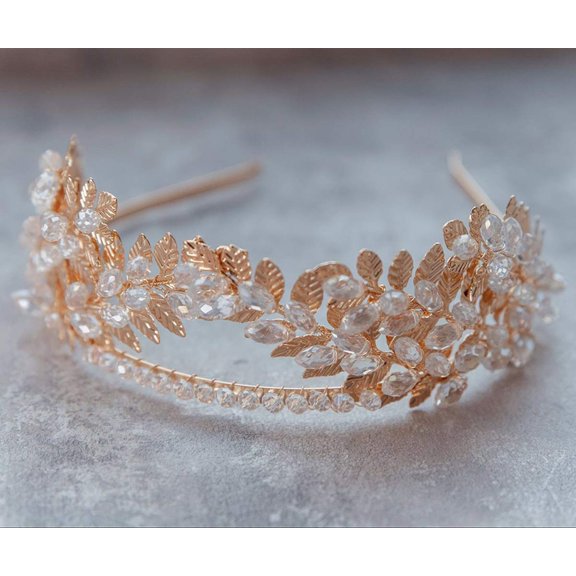 Bridal Crystal Leaf Vine Tiara Crown Gold Leaf Headband Wedding Headpiece Bridesmaid Prom Festival Hair Accessories for Women and Girls (Gold)