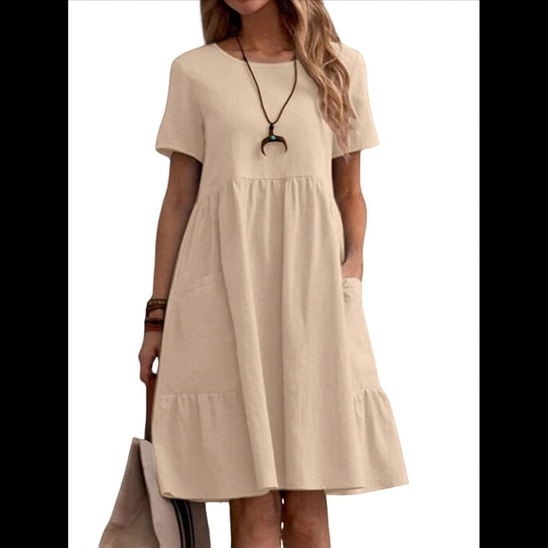 Vestido Camisero de y Algodón de Verano para Mujer, Informal, Holgado, con Cuello Redondo, Corta, Midi y Bolsillos Albaricoque XXL