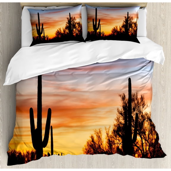Cactus Duvet Cover Set King Size, Mexican Flora Themed Desert Plant Silhouettes Sundown with Warm Colors, Decorative 3 Piece Bedding Set with 2 Pillow Shams, Orange Black Pale Blue, by Ambesonne