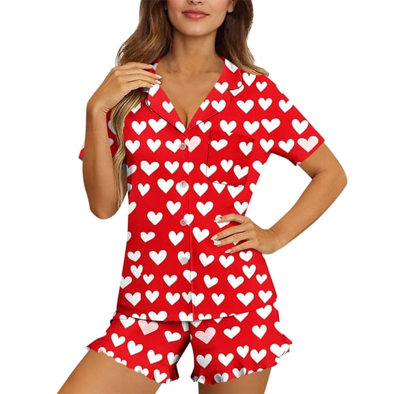 BaoFuBaoMei Button up Pajamas Women Shorts Set 2 Piece Heart Printed Pjs Sleepwear Short Sleeve Tops and Shorts Loungewear Cozy Soft Sleepwear