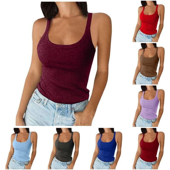 Rhuody Womens Summer Tank Tops Spaghetti Strap Round Neck Ladies Neck Ribbed Slim Fitted Camisole Basic Sleeveless Layering Shirts Elegant Clothing 3Xl Brick Red