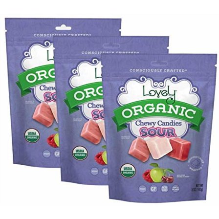 ORGANIC Sour Chewy Candies (3-Pack) - Lovely Co. 5oz Bags - Strawberry, Lemon & Cherry Flavors | NO HFCS, GLUTEN or Fake Ingredients, 100% VEGAN & Kosher!