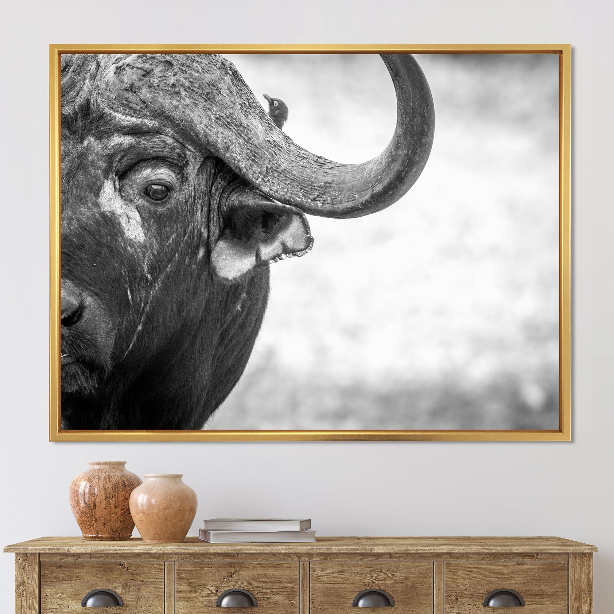 Black and White Portrait Of Buffalo III 40 in x 30 in Framed Photography Canvas Art Print, by Designart