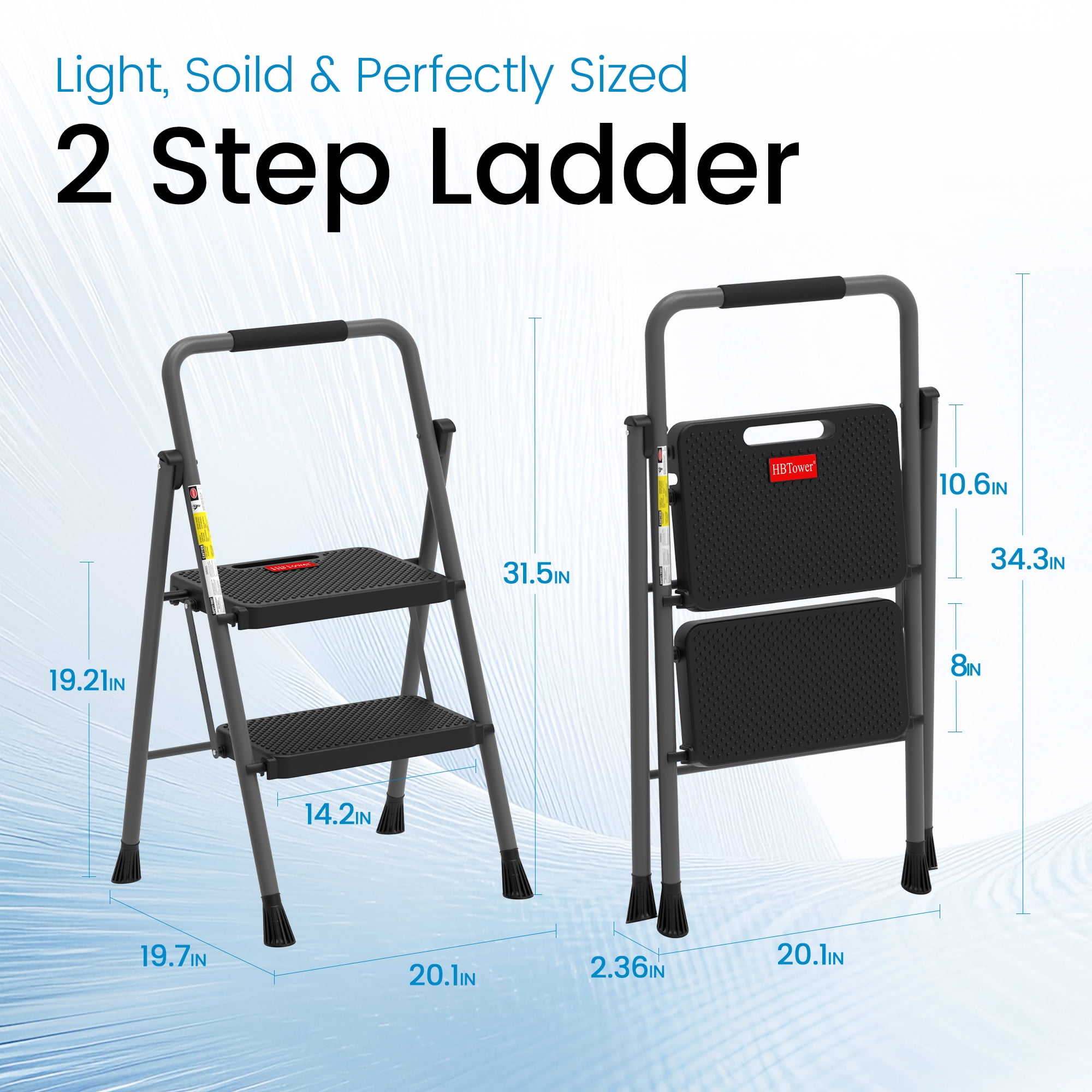 HBTower Steel 2 Step Ladder with Anti-Slip Pedals, 330lbs Capacity, Lightweight for Home Use, Gray