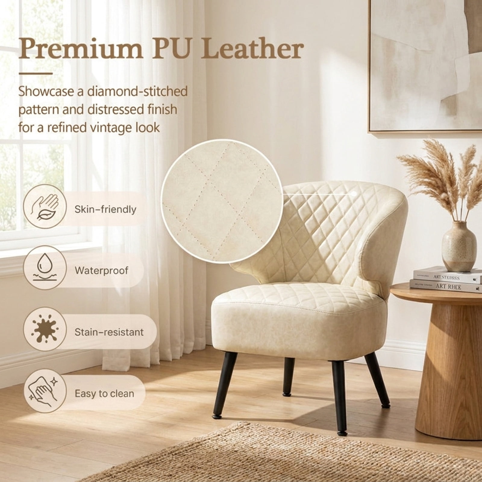 Furnibear Mid Century Modern Accent Chair Diamond Stitched PU Leather Upholstered Armchair with Curved Back for Living Room and Bedroom, White