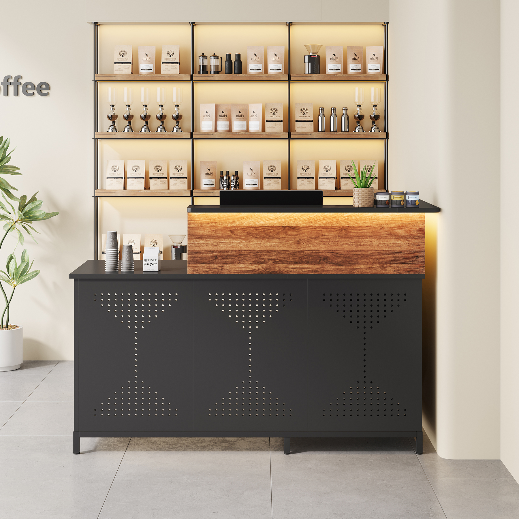 Condemo 60'' L-Shaped Reception Desk with LED Lights, Modern Front Desk, Checkout Counter Table for Office, Lobby, Cafe, Beauty Salon, Black and Walnut