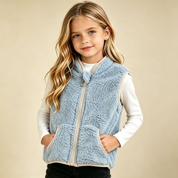 SDNall Girls Toddler Full Zip Fleece Sleeveless Outerwear, Casual Sleeveless Outerwear Gilet, Fall Winter Daily Indoor and Outdoor Vest with Pocket 1-10 Years