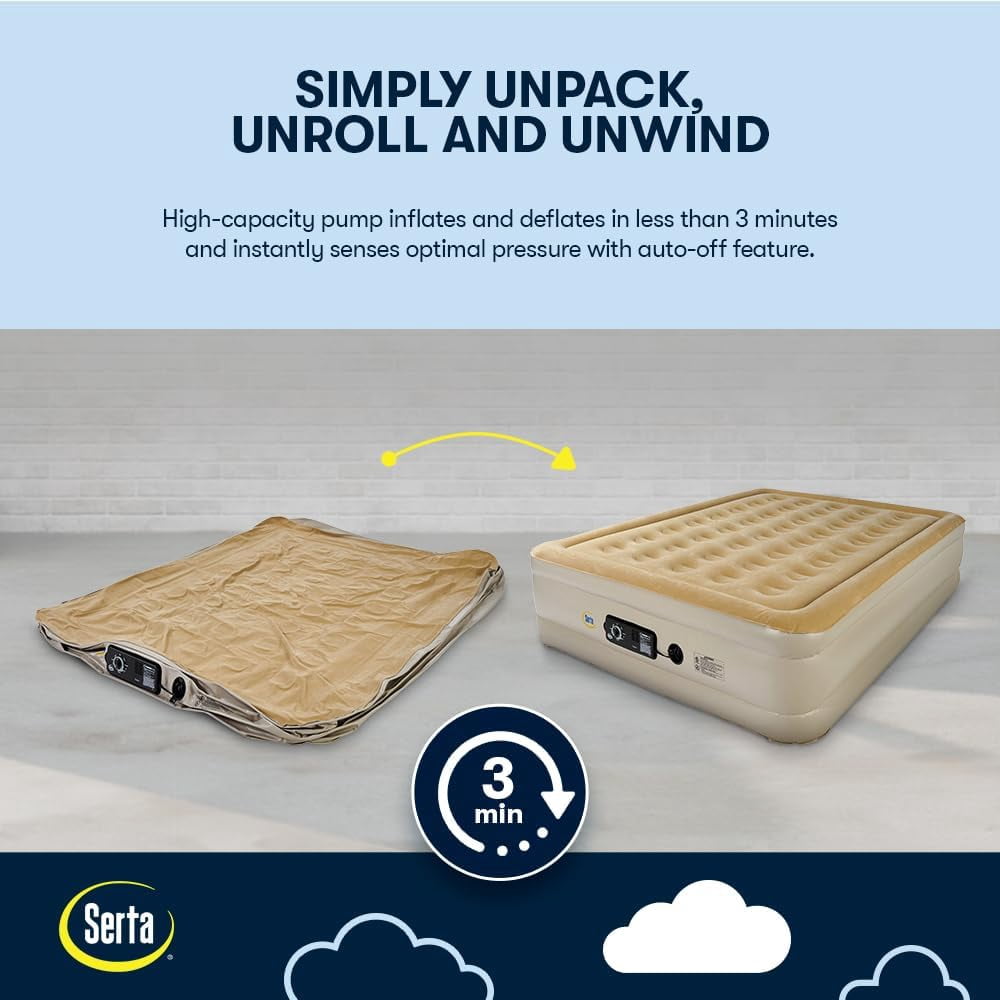 Serta Raised Air Mattress with Never Flat Pump | Luxury Inflatable Mattress with Built in Air Pump to Ensure a Good Night’s Rest | Heavy Duty Blow Up Mattress with Self Inflating Pump