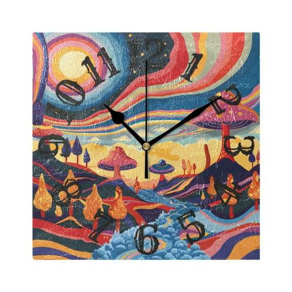 Trees Groovy Landscape Wall Clock Square Silent Non Ticking Battery Operated Clock for Home Bathroom Kitchen Bedroom Living Room