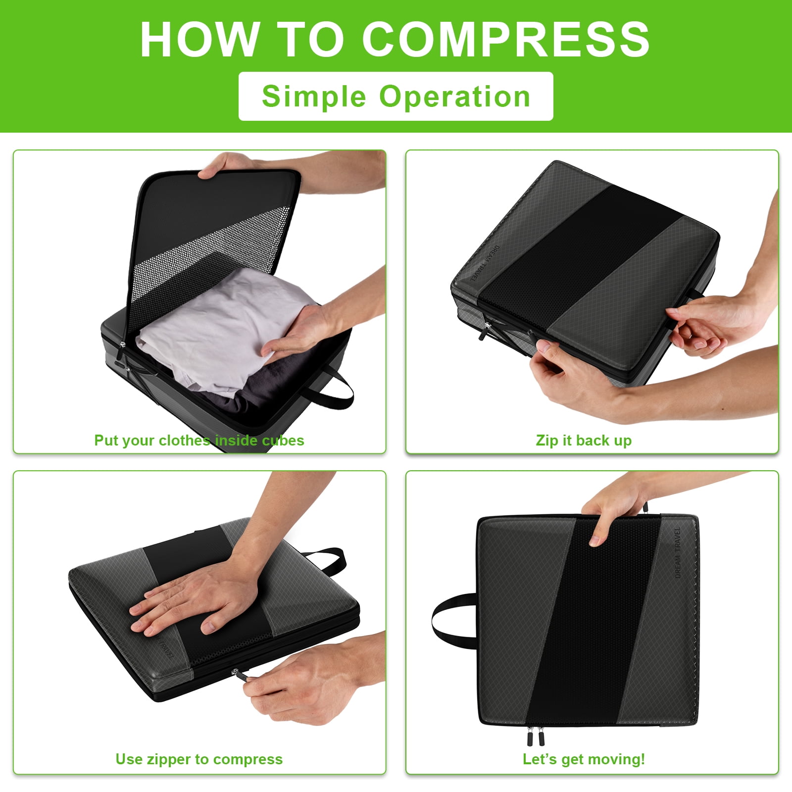 My Travel Dream 6Pcs Compressible Packing Cubes,Nylon Luggage Packing Organizers for Travel Accessories Space Saving Travel Bags for Carry On, Lightweight Laundry and Shoe Bag