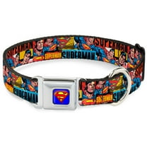 DC Comics Pet Collar, Dog Collar Metal Seatbelt Buckle, Superman Action Blocks Red Blue, 15 to 24 Inches 1.0 Inch Wide