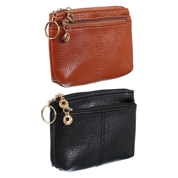 5" x 3.5" Coin Purse Pouch, 2Pcs Leather Change Purses Small Organizer Bags with Zipper Key Ring for Women Men Home, Black/Brown