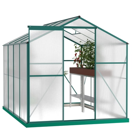 Walk-in Greenhouse 6'x8', Polycarbonate, High Transmission, Effective Water Drainage 6'x8' Outdoor Polycarbonate Greenhouse, Thermally Insulated, Sliding Door Convenience