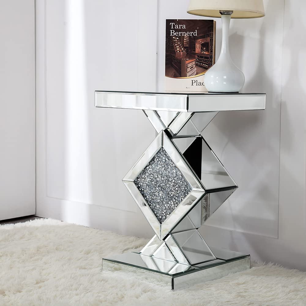 SHYFOY Mirrored End Table with Crushed Crystals Inlay, Sofa Table Modern Side Table Silver Accent Table for Living Room