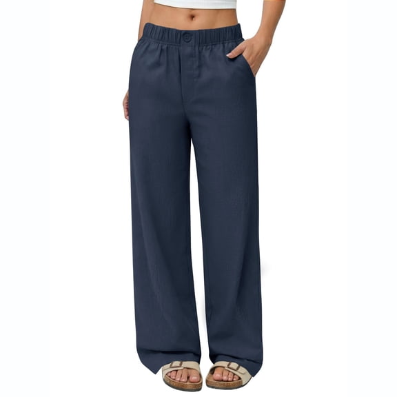 Nestiefly Linen Pants Womens Wide Leg Palazzo Pants Beach Vacation Pant Cotton Summer 2026 Flowy Clothes Trousers with Pockets Navy S