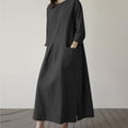 thumbnail image 4 of Women Cotton Linen Maxi Dress 3/4 Sleeve Crewneck Slit Shift Dresses Plus Size Casual Fall Trendy Oversized Tshirt Dress, 4 of 7