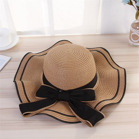 AirLoni Sun Hats For Women Bow Decor Wide Brim Straw Hat Sunshade UV Protection Panama Cap Beach Hat For Travel Khaki,One Size