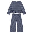 thumbnail image 6 of Szluipve 2 Piece Sets for Women Gingham Plaid Round Neck Long Sleeve Ruffle Peplum Top And Drawstring Wide Leg Cropped Pants 2 Piece Outfit Casual Loungewear Set With Pockets Dark Blue L, 6 of 6