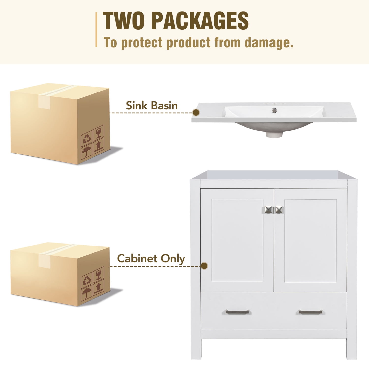 Harper & Bright Designs 30" White Bathroom Vanity with Single Sink, Bathroom Combo Cabinet Undermount Sink with 2 Doors and a Drawer, Soft Closing, Multifunctional Storage, Solid Wood Frame