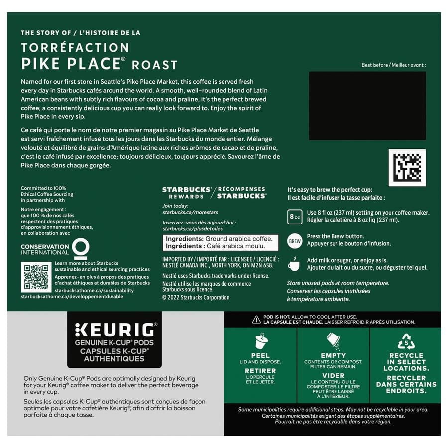 Capsules Starbucks PIKE PLACE Torr. moyenne Keurig K-Cup 44 un. PIKE PL. K-Cup 44 x 12 g 44 unites