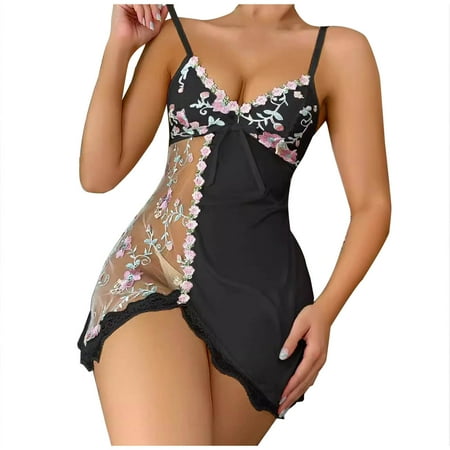 Tao Tao Women s Mesh Floral Embroidery Lace Trim Sheer Chemise Sleep Dresses Babydoll Nightgown Satin Slip Dress Black M