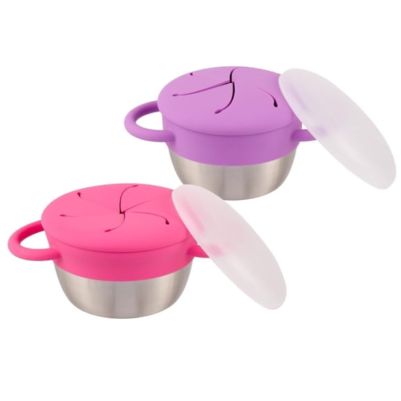 Stainless Steel Snack Cups with Removable Silicone Food Catcher and Travel Lid, Spill-Proof Snack Containers for Baby Toddler Kids, Dishwasher Safe, 2 Pack