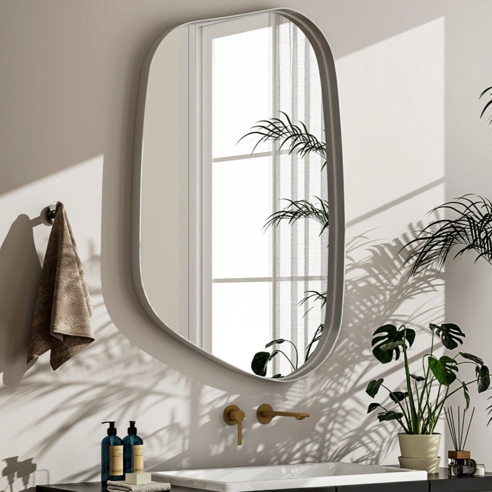 Gleamira 40"x26" Irregular Wall Mirror Bathroom Mirror with Metal Frame Wall Decor Mirror, White