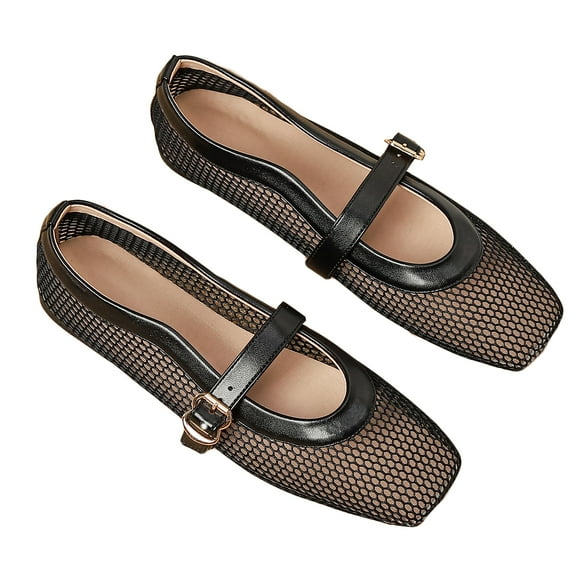 Ruiatoo Comfy Fishnet Ballerina Flat Shoes for Women - Mesh Ballet Flats with Buckle Strap for Casual, Office Wear Black 36
