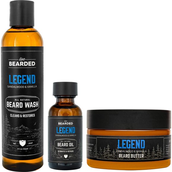 Live Bearded: Kit de cuidado de barba de 3 pasos - Leyenda - Aceite para barba y mantequilla para barba - Ingredientes naturales con manteca de karité, aceite de jojoba y más - Apoyo al crecimiento