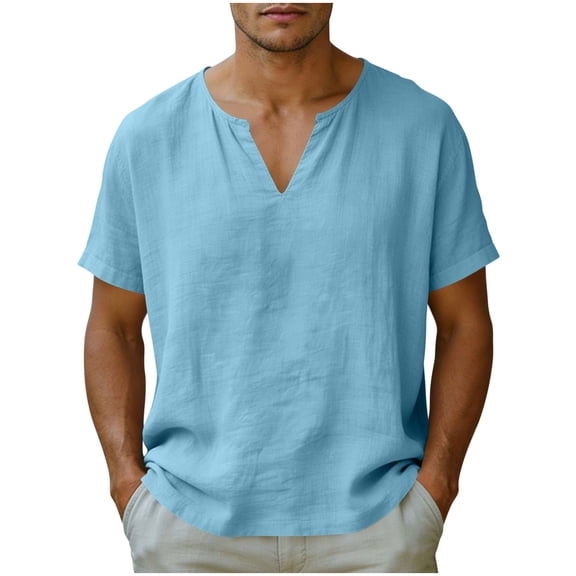 JTSRKL Beach Linen Cotton Blend Shirts fo Men Short Sleeve Notch V-Neck Casual Lightweight Tops Breathable Retro Versatile Pullover Tees