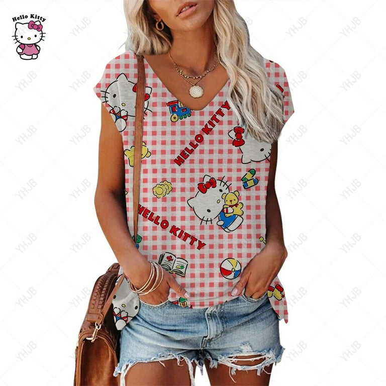 Hello Kitty Print Women Summer Loose Vest Tank Tops Ladies Casual V Neck  Sleeveless Blouse T-shirt High Quality Clothing 2023 