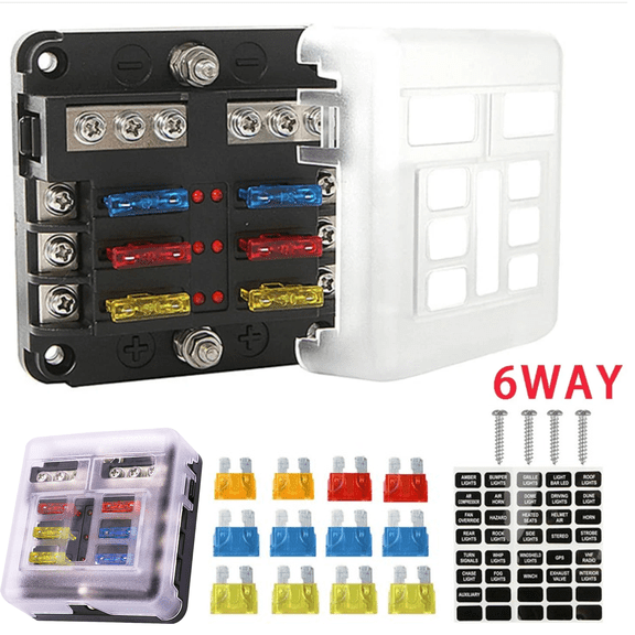 6-Way Waterproof Car Boot Power Fuse Block,with LED Indicator 12 Circuits W/ Negative Marine Fuse Box for Dc 12/24V Car Boat RV Truck