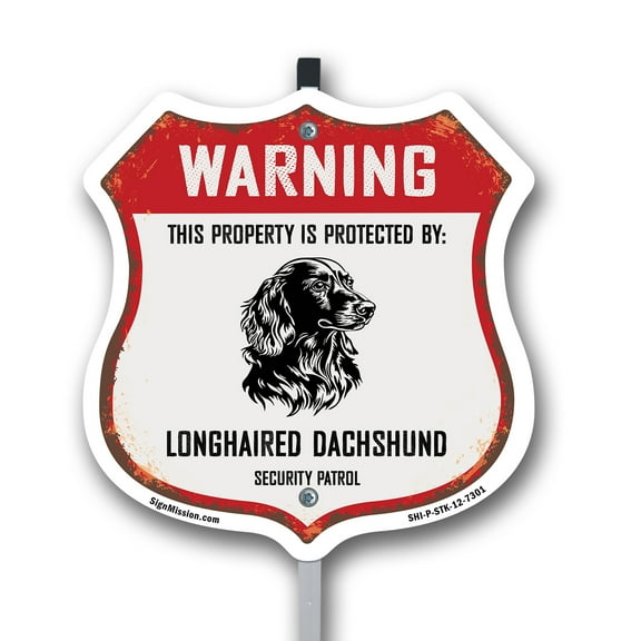 Warning This Property is Protected by Longhaired Dachshund 12 inch X 12 inch Shield Shaped Rust-Free Aluminum Metal Sign with Aluminum Mounting Stake Weather Resistant Made in the USA