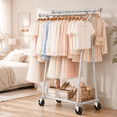 thumbnail image 3 of UNTIMATY Double Rods Clothes Rack, Rolling Clothing Rack for Hanging Clothes Portable Wardrobe Rack, Metal Garment Rack Sturdy Coat Rack for Bedroom Laundry Living Room, Silver, 3 of 11