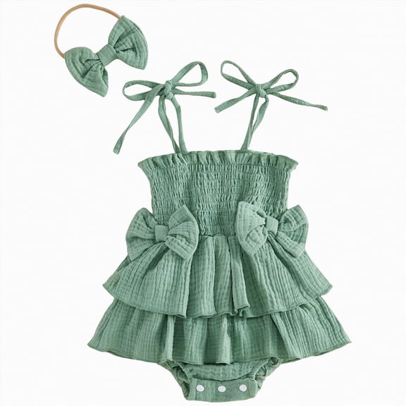 CAICJ98 Newborn Baby Girl Romper Dress Summer Clothes Boho Photoshoot Bubble Sleeveless Outfits Infant Bow Tie Ruffle Romper Dress with Headband (Green,3-6 Months)