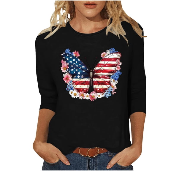 BaoFuBaoMei Womens Shirts Plus Size Patriotic 3/4 Sleeve Tees Independence Day Butterfly American Flag Graphic Tops Loose Crew Neck T Shirts