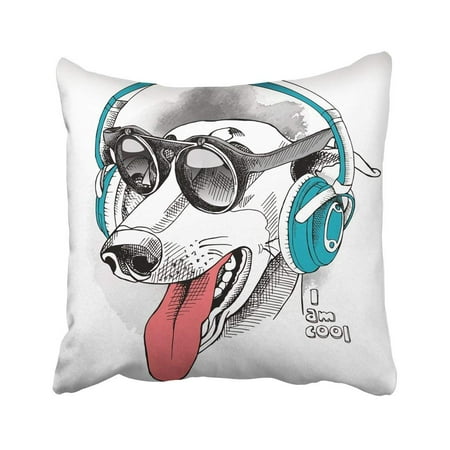 ARTJIA Black Animal Portrait Of Funny Dog Greyhound Wearing Blue Headphones Sunglasses Cool Pillowcase Cover 18x18 inch