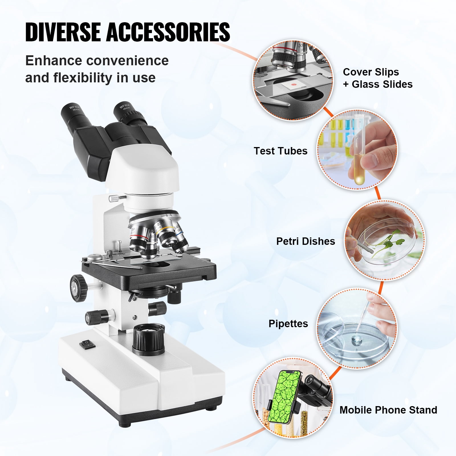 KFFKFF Dual-View Compound Microscope, Magnification Range 40X-2500X, LED-Lit Laboratory Microscope with Dual Layer Stage, Comes with Smartphone Mount & Slide Set