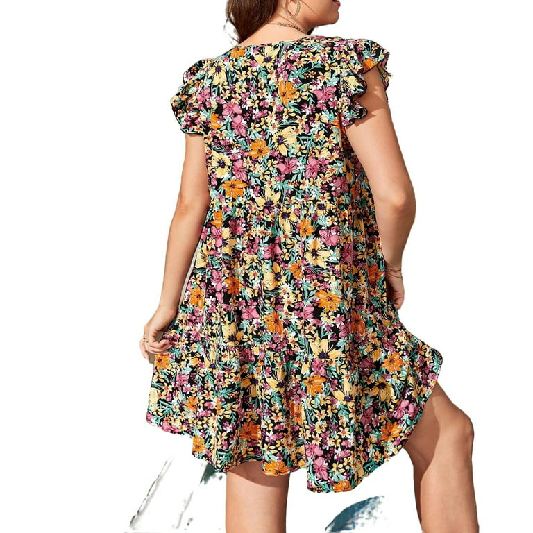 Women's Dresses Allover Print Ruffle Hem Smock Dress Dress for Women (Color  : Multicolor, Size : Small) at  Women's Clothing store