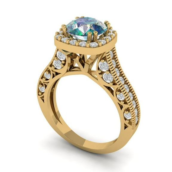 2.7ct round cut blue moissanite 18k yellow gold halo Bridal Wedding Engagement Promise Anniversary Ring for Women size 3.75