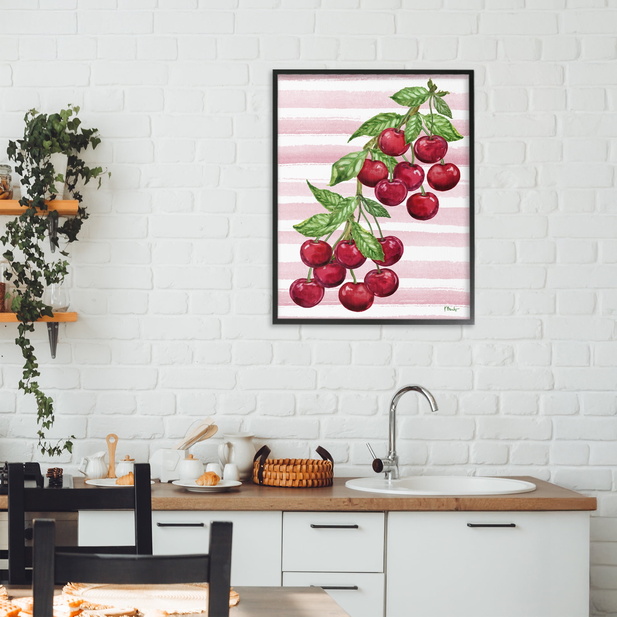 Stupell Industries Juicy Cherry Vine on Stripes Black Framed Giclee Art, design by Paul Brent